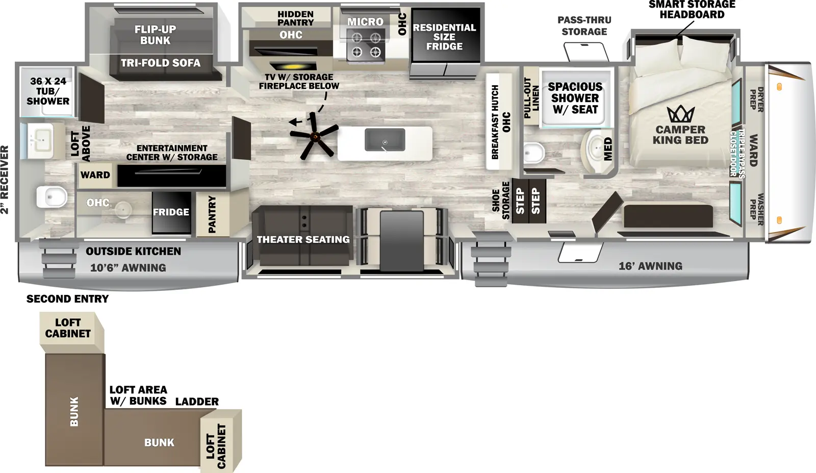 The Sabre 38DBL floorplan has two entries and four slide outs. Exterior features include: fiberglass exterior, 10'6" & 16' awning and outside kitchen. Interiors features include: bunk beds, loft, kitchen island, front bedroom, rear bathroom and two full bathrooms.